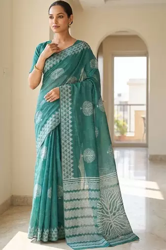 Teal silk blend printed saree with blouse
