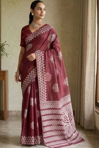 Maroon silk blend printed saree with blouse