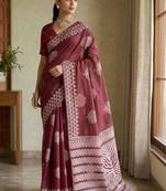 Maroon silk blend printed saree with blouse