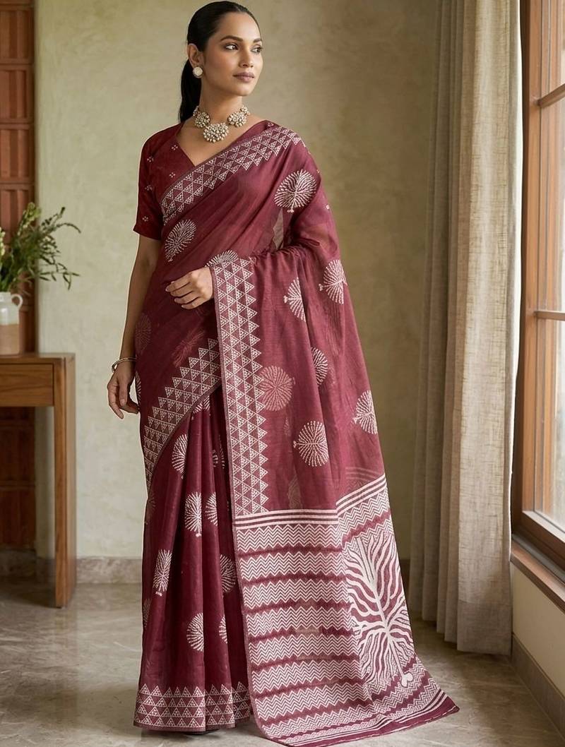 Maroon silk blend printed saree with blouse
