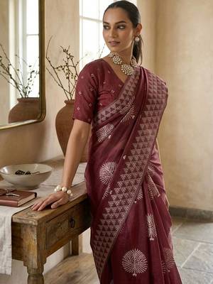 Maroon silk blend printed saree with blouse 2