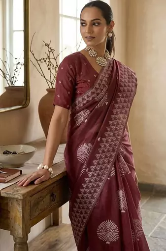 Maroon silk blend printed saree with blouse