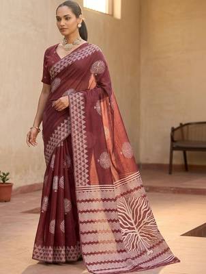Maroon silk blend printed saree with blouse 3