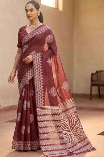 Maroon silk blend printed saree with blouse