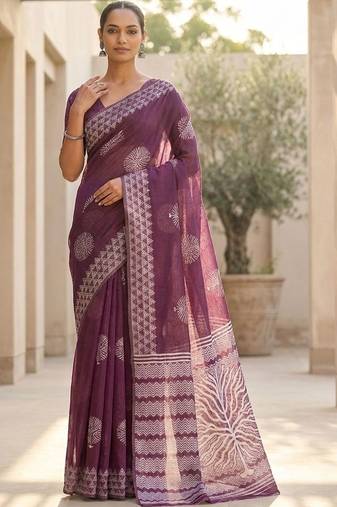 Purple silk blend printed saree with blouse