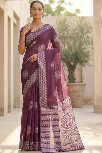 Purple silk blend printed saree with blouse