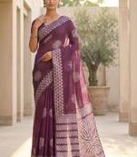 Purple silk blend printed saree with blouse