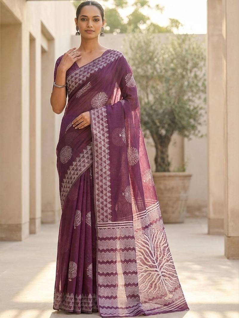Purple silk blend printed saree with blouse