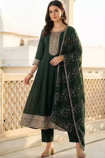 Women Ethnic Motifs Embroidered Regular Kurta with Trousers & With Dupatta
