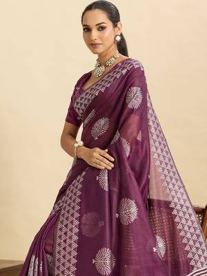 Purple silk blend printed saree with blouse 2