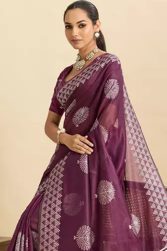 Purple silk blend printed saree with blouse