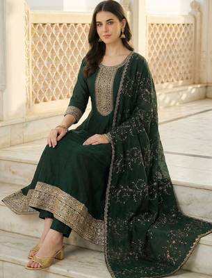 Women Ethnic Motifs Embroidered Regular Kurta with Trousers & With Dupatta 5