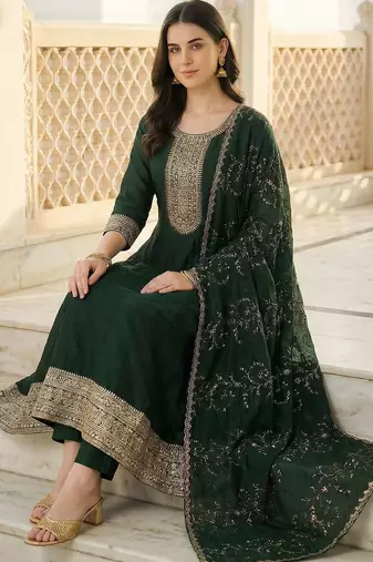 Women Ethnic Motifs Embroidered Regular Kurta with Trousers & With Dupatta