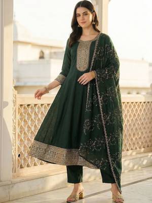 Women Ethnic Motifs Embroidered Regular Kurta with Trousers & With Dupatta 6