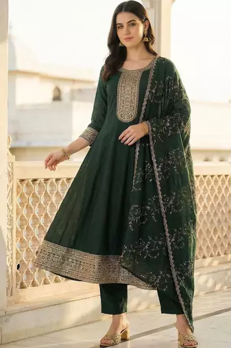 Women Ethnic Motifs Embroidered Regular Kurta with Trousers & With Dupatta