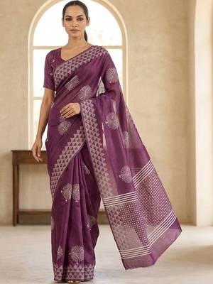 Purple silk blend printed saree with blouse 3