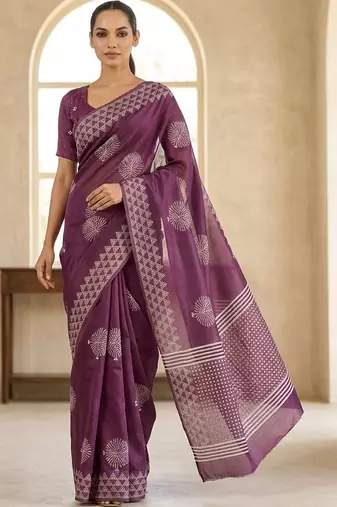 Purple silk blend printed saree with blouse