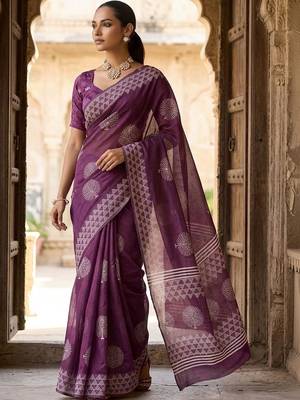 Purple silk blend printed saree with blouse 5