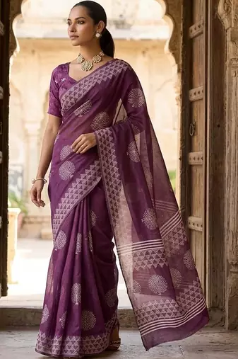 Purple silk blend printed saree with blouse