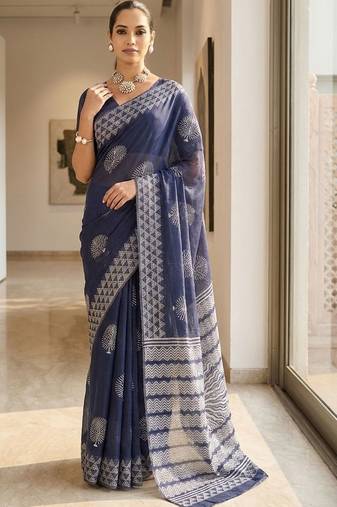 Navy blue silk blend printed saree with blouse