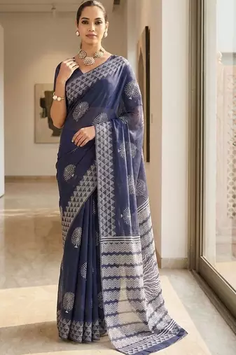 Navy blue silk blend printed saree with blouse