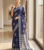 Navy blue silk blend printed saree with blouse