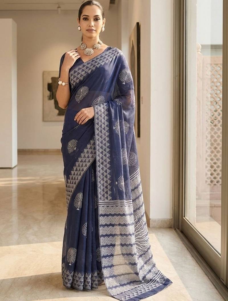 Navy blue silk blend printed saree with blouse