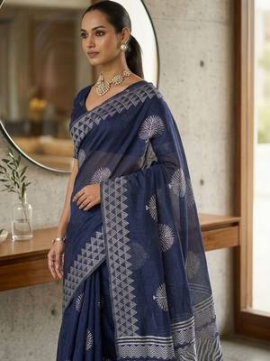 Navy blue silk blend printed saree with blouse 2