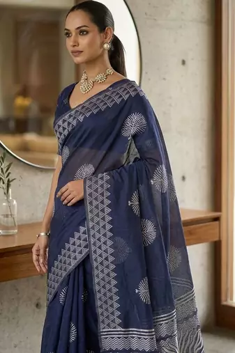 Navy blue silk blend printed saree with blouse