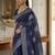 Navy blue silk blend printed saree with blouse