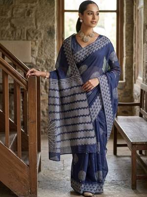 Navy blue silk blend printed saree with blouse 3