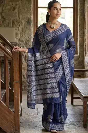 Navy blue silk blend printed saree with blouse