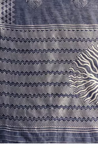 Navy blue silk blend printed saree with blouse