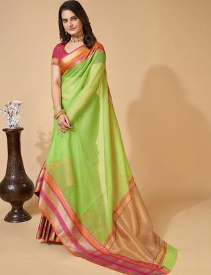Lime silk blend woven design saree with blouse 2