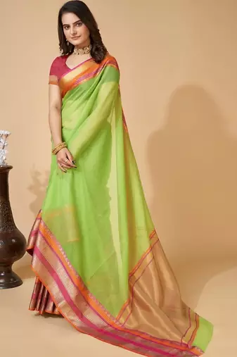 Lime silk blend woven design saree with blouse
