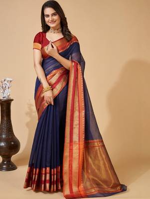 Navy blue silk blend woven design saree with blouse 1