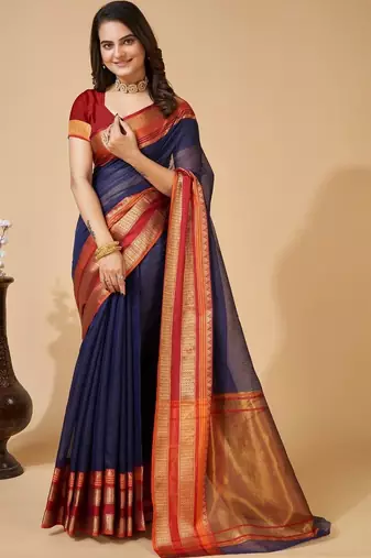 Navy blue silk blend woven design saree with blouse