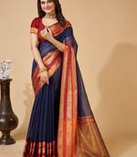 Navy blue silk blend woven design saree with blouse