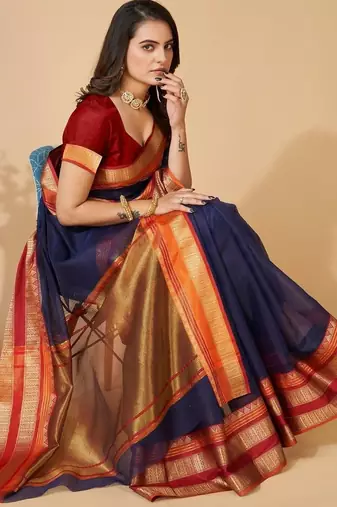 Navy blue silk blend woven design saree with blouse