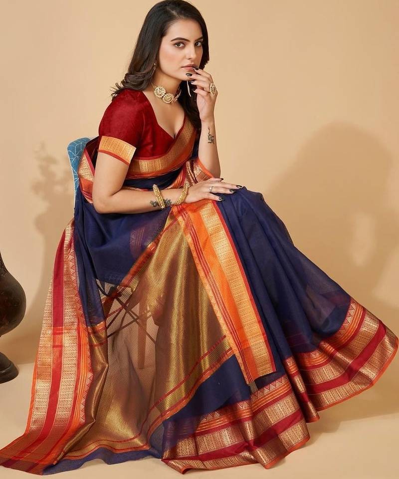 Navy blue silk blend woven design saree with blouse