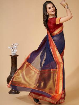 Navy blue silk blend woven design saree with blouse 3