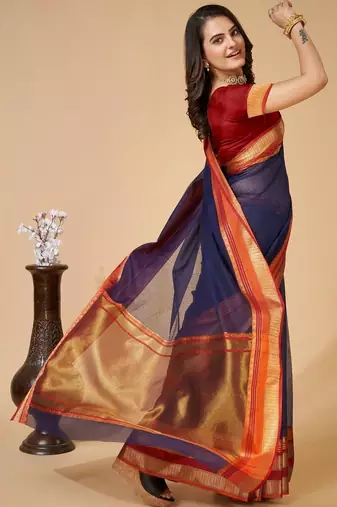 Navy blue silk blend woven design saree with blouse