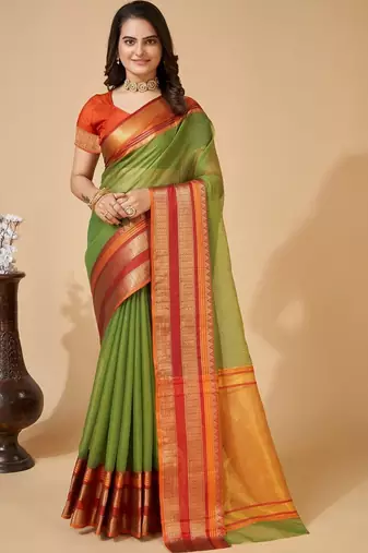 Green silk blend woven design saree with blouse