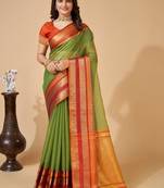 Green silk blend woven design saree with blouse