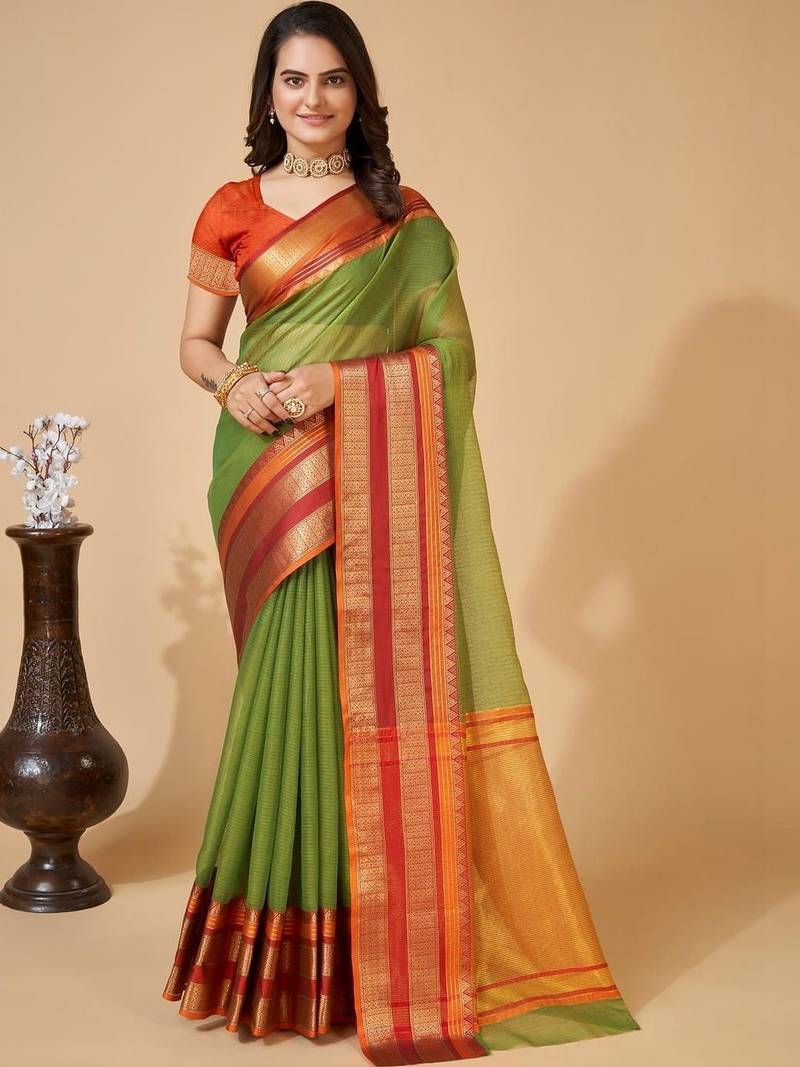 Green silk blend woven design saree with blouse