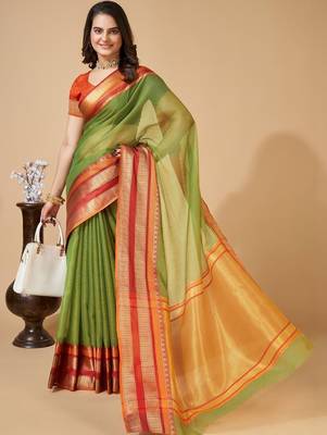 Green silk blend woven design saree with blouse 2