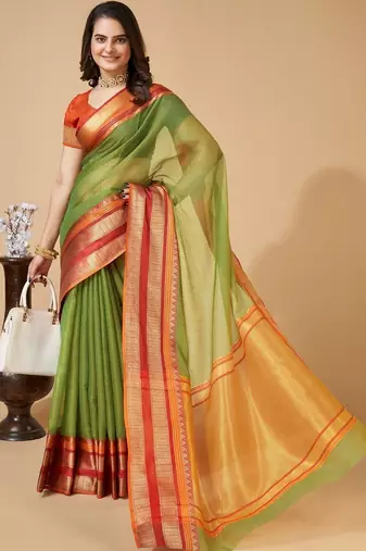 Green silk blend woven design saree with blouse