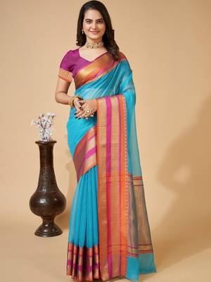 Turquoise silk blend woven design saree with blouse 1