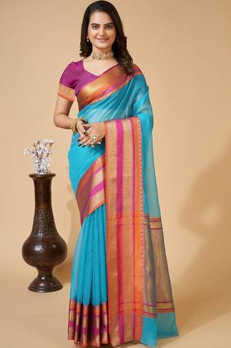 Turquoise silk blend woven design saree with blouse