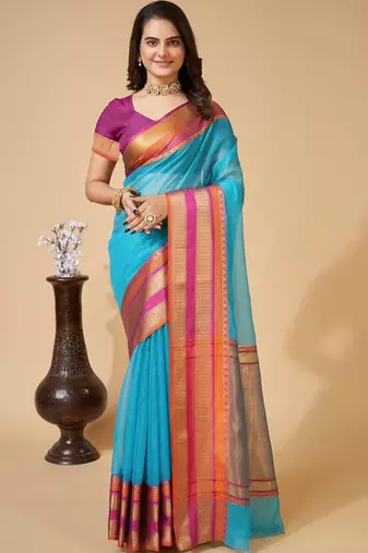 Turquoise silk blend woven design saree with blouse